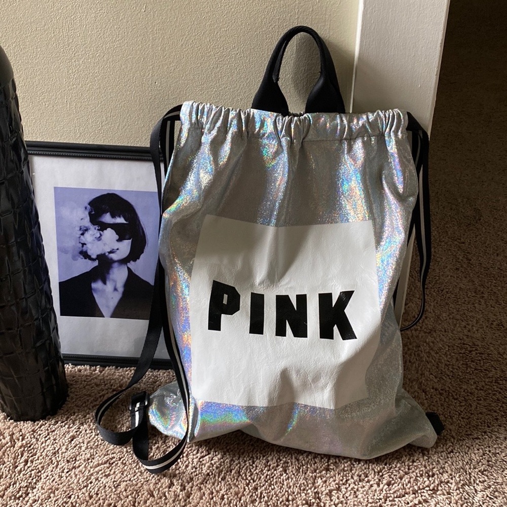 Victoria Secret Pink Drawstring Backpack Tote Bag, Iridescent